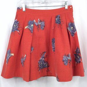 Anthropologie Odille Skirt Womens Size 2 Red Floral Pleated 100% Wool A-Line